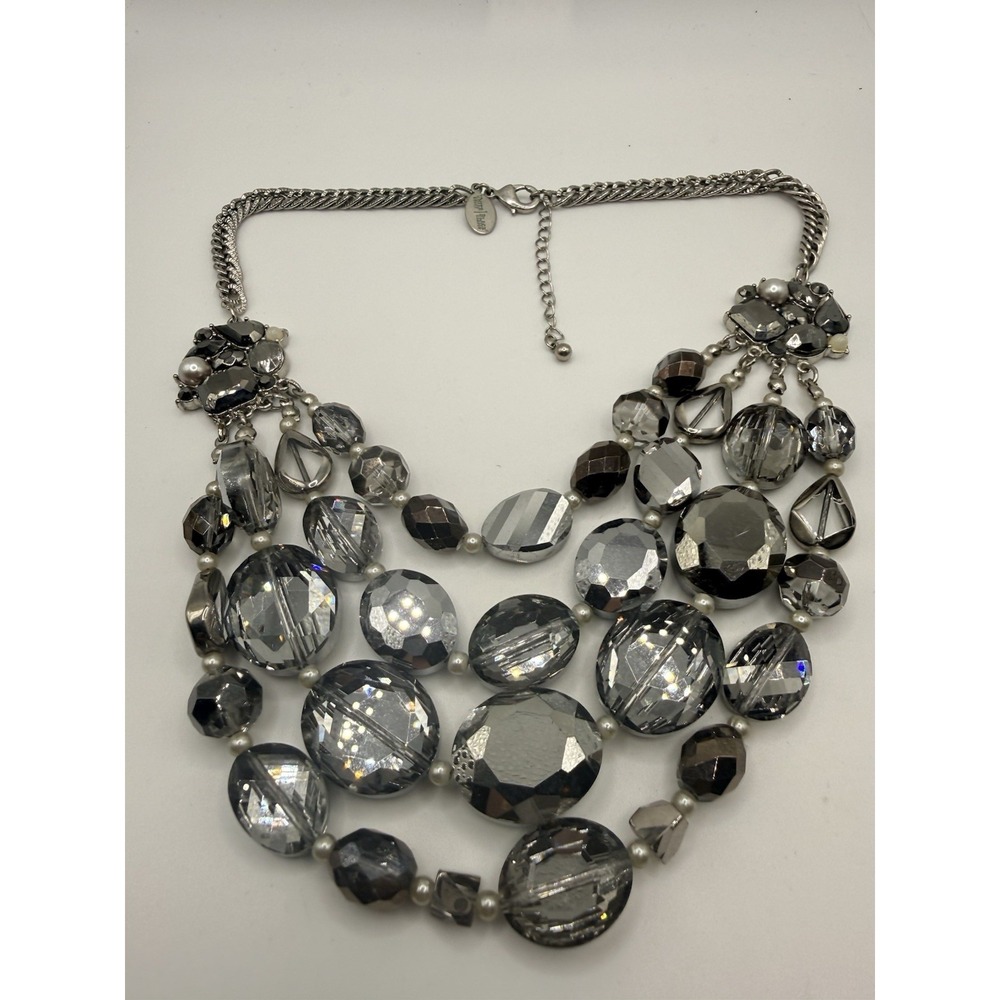 White House Black Market Statement Necklace Silver Tone Black Gray Bead 14-16"